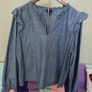 J. Crew Blue Ruffle V-Neck Blouse